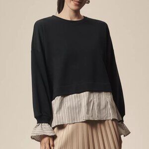 MAEVE ANTHROPOLOGIE striped trim twofer sweatshirt navy blue